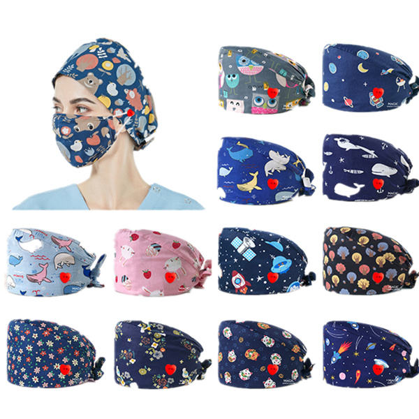 Unisex Breathable Full printed Logo Doctor Hair Head wear Pet Hospital Adjustable Nurse Scrub Cap Cotton Surgical Scrub Cap